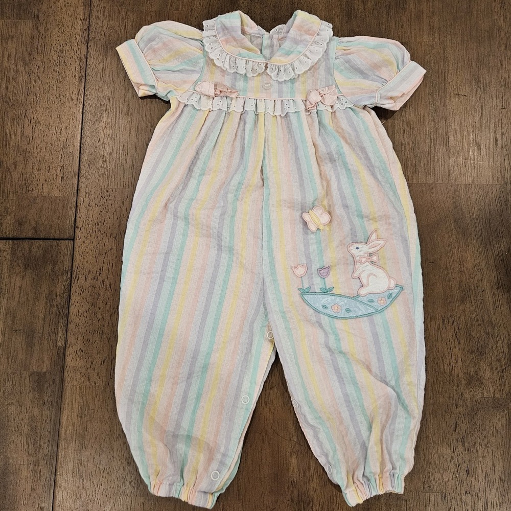 Vintage Baby Girl Pastel Striped Romper Easter Bunny Butterfly Spring Size 12m